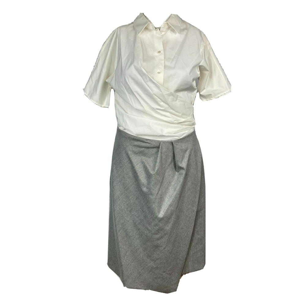 NWT Carven Dress Womens Sz 38 White Gray Collared Wrap Shirt Pockets Side Zip